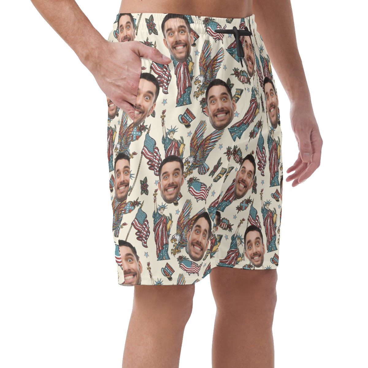 American Eagle Statue Of Liberty Custom Face Hawaiian Beach Shorts For Men