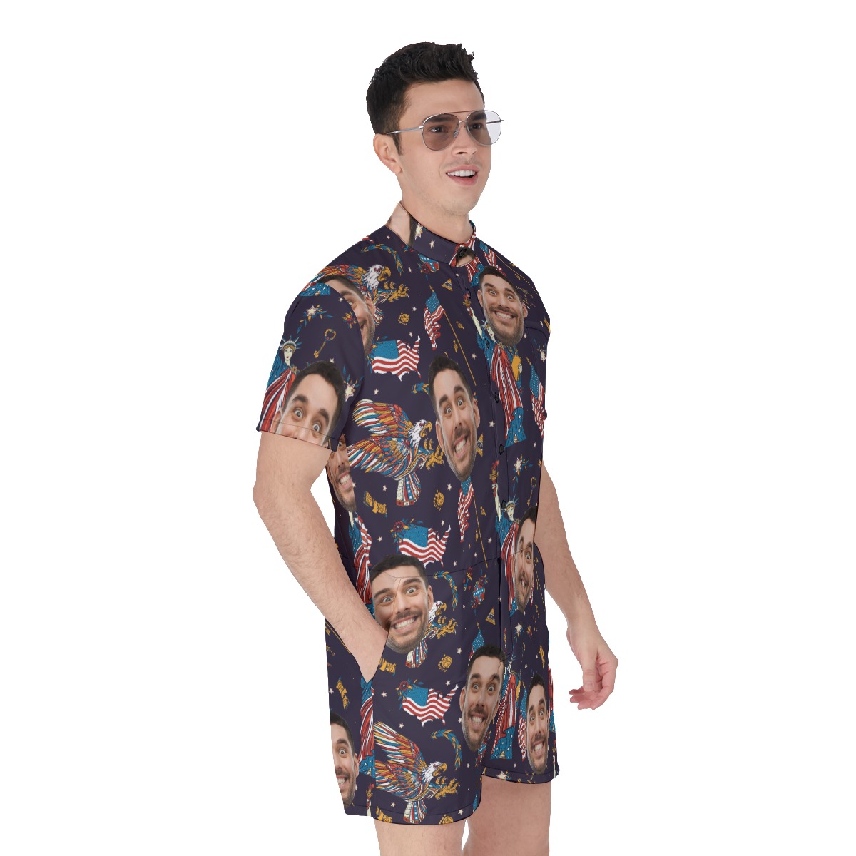 American Eagle And Statue Of Liberty Custom Face Hawaiian Romper For Men
