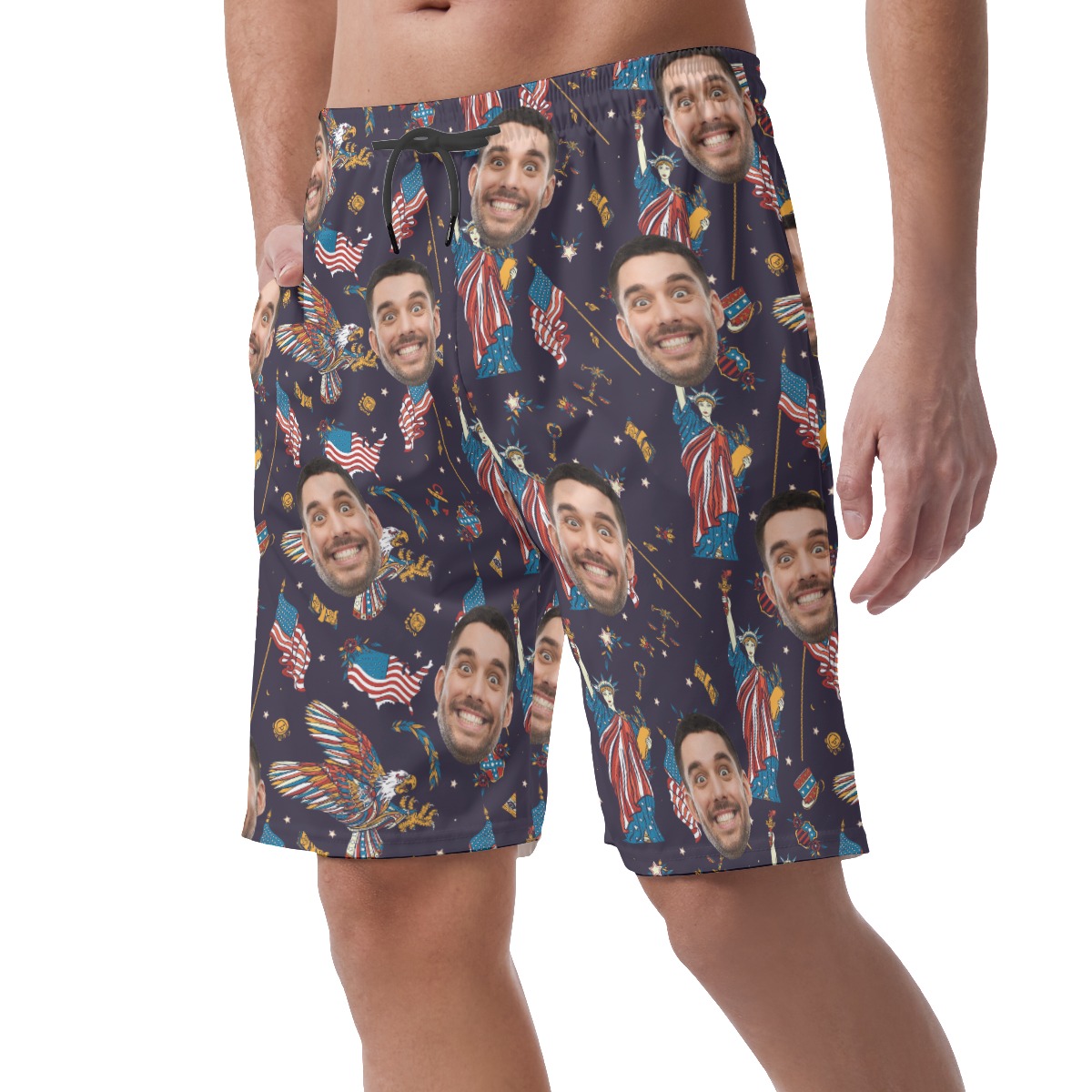 American Eagle And Statue Of Liberty Custom Face Hawaiian Beach Shorts For Men