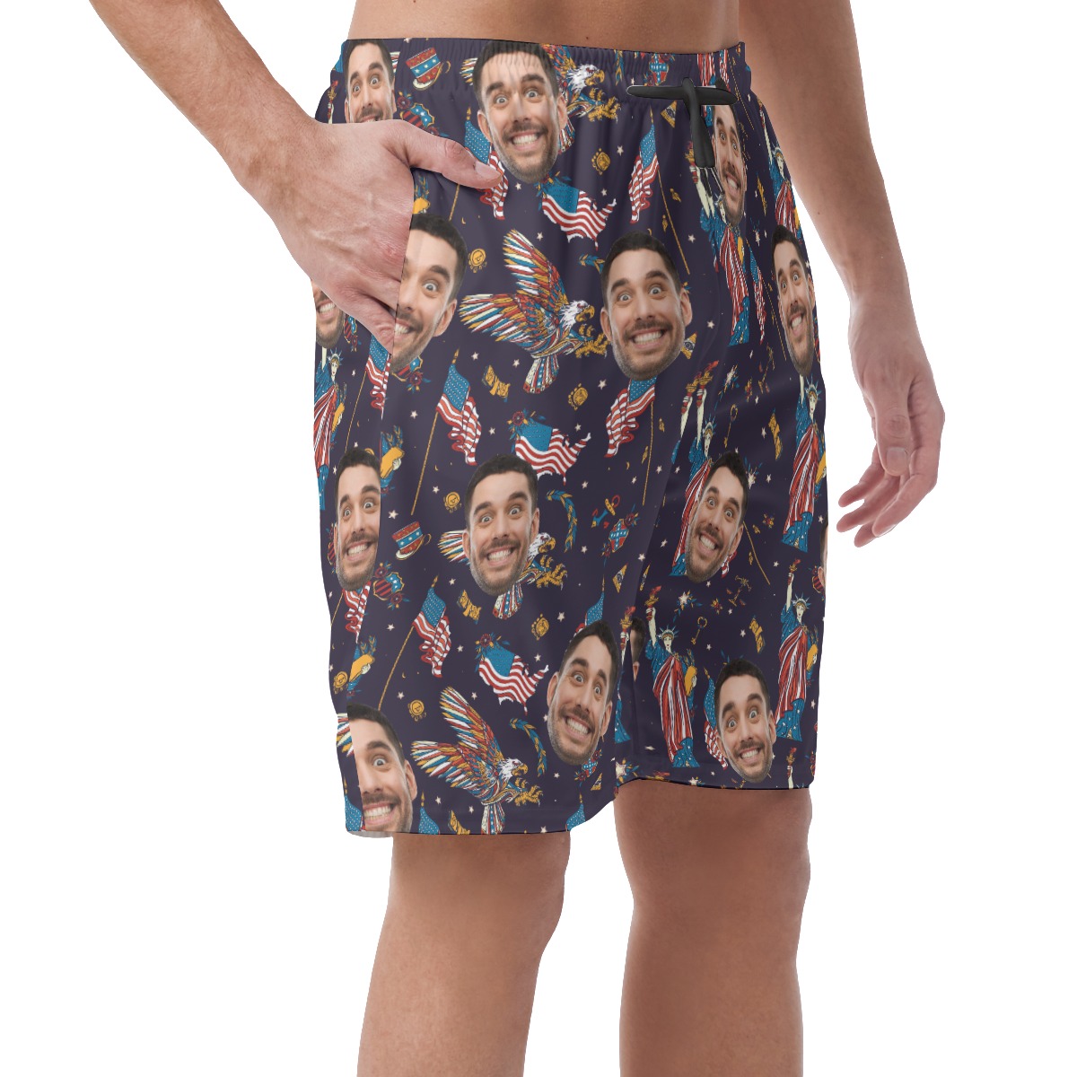 American Eagle And Statue Of Liberty Custom Face Hawaiian Beach Shorts For Men