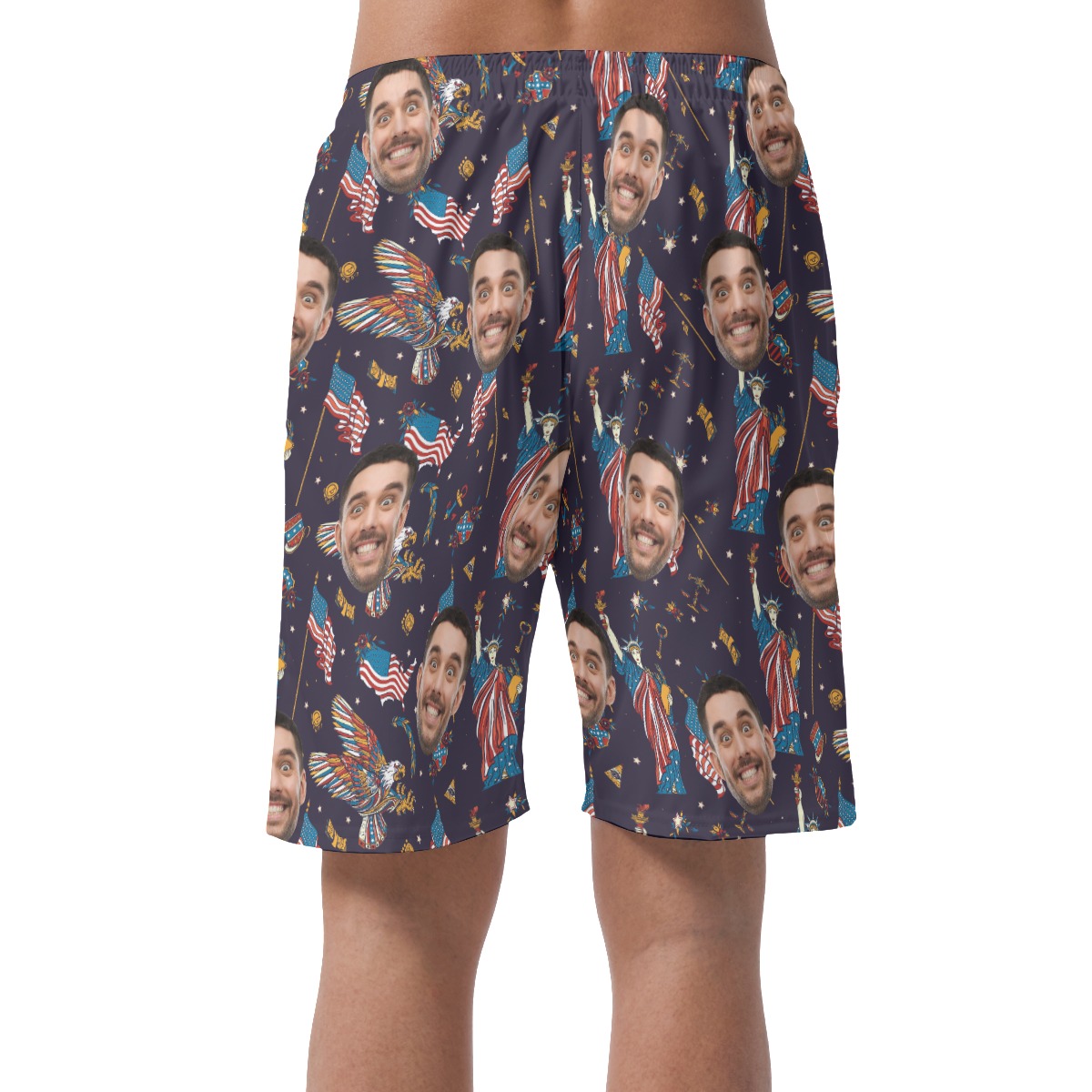 American Eagle And Statue Of Liberty Custom Face Hawaiian Beach Shorts For Men