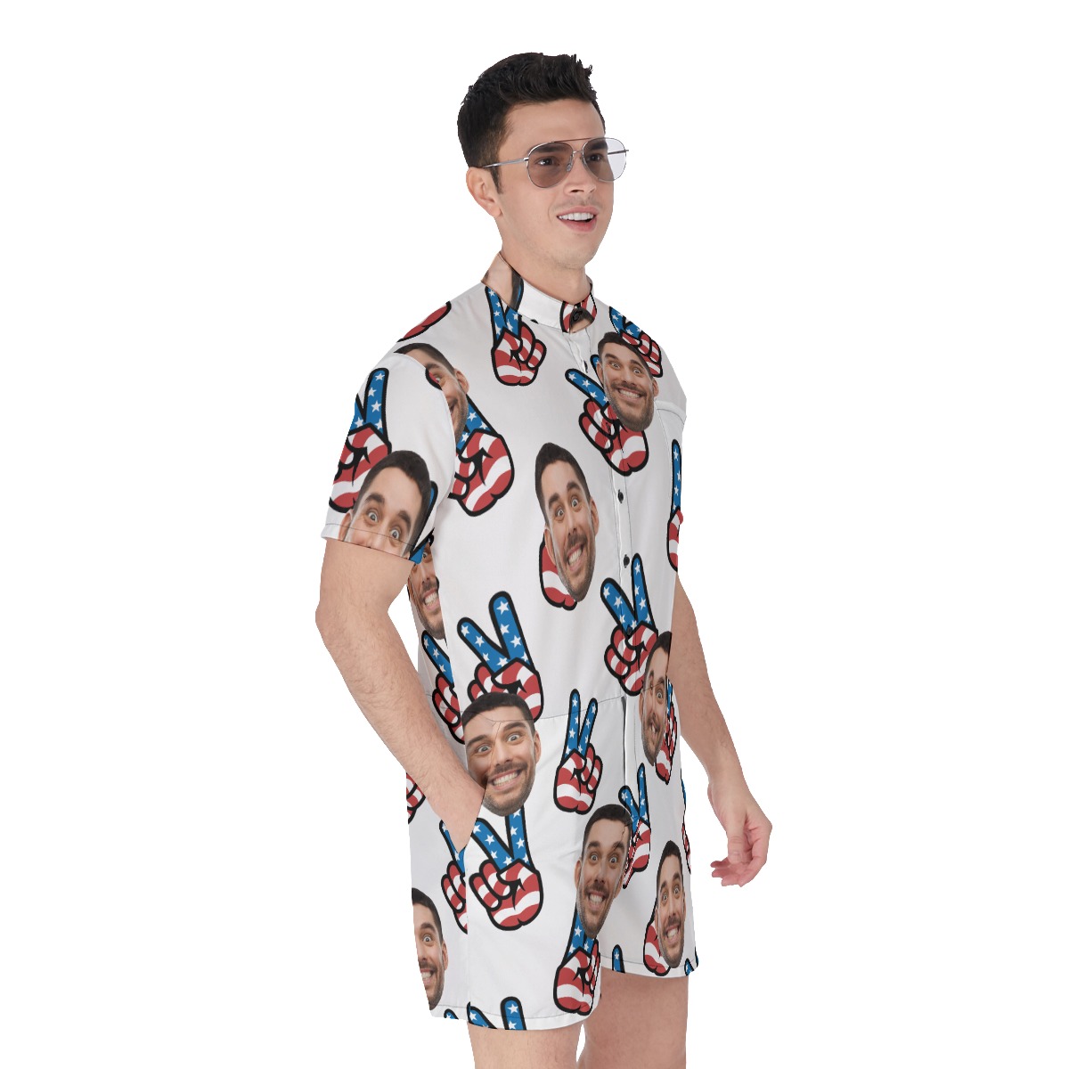 Custom Face Peace Sign American Flag Hawaiian Romper For Men