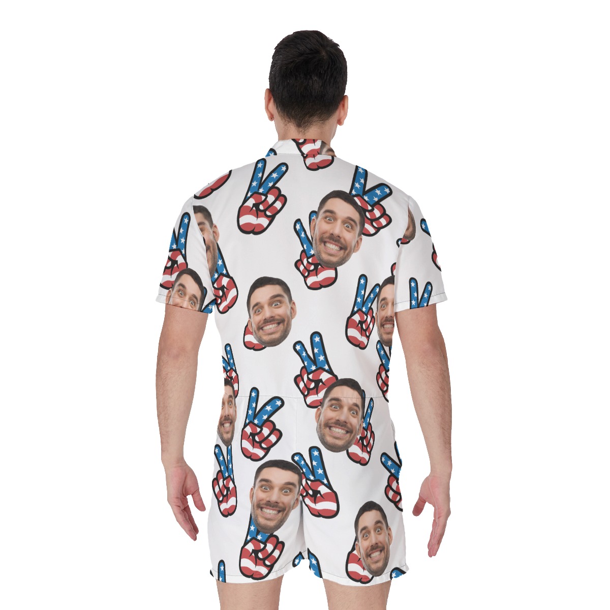 Custom Face Peace Sign American Flag Hawaiian Romper For Men
