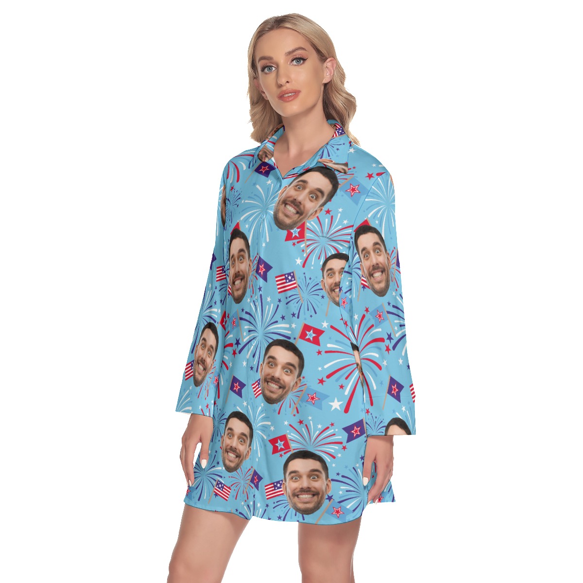 Custom Face Firework 4th Of July Hawaiian Shirt Dress