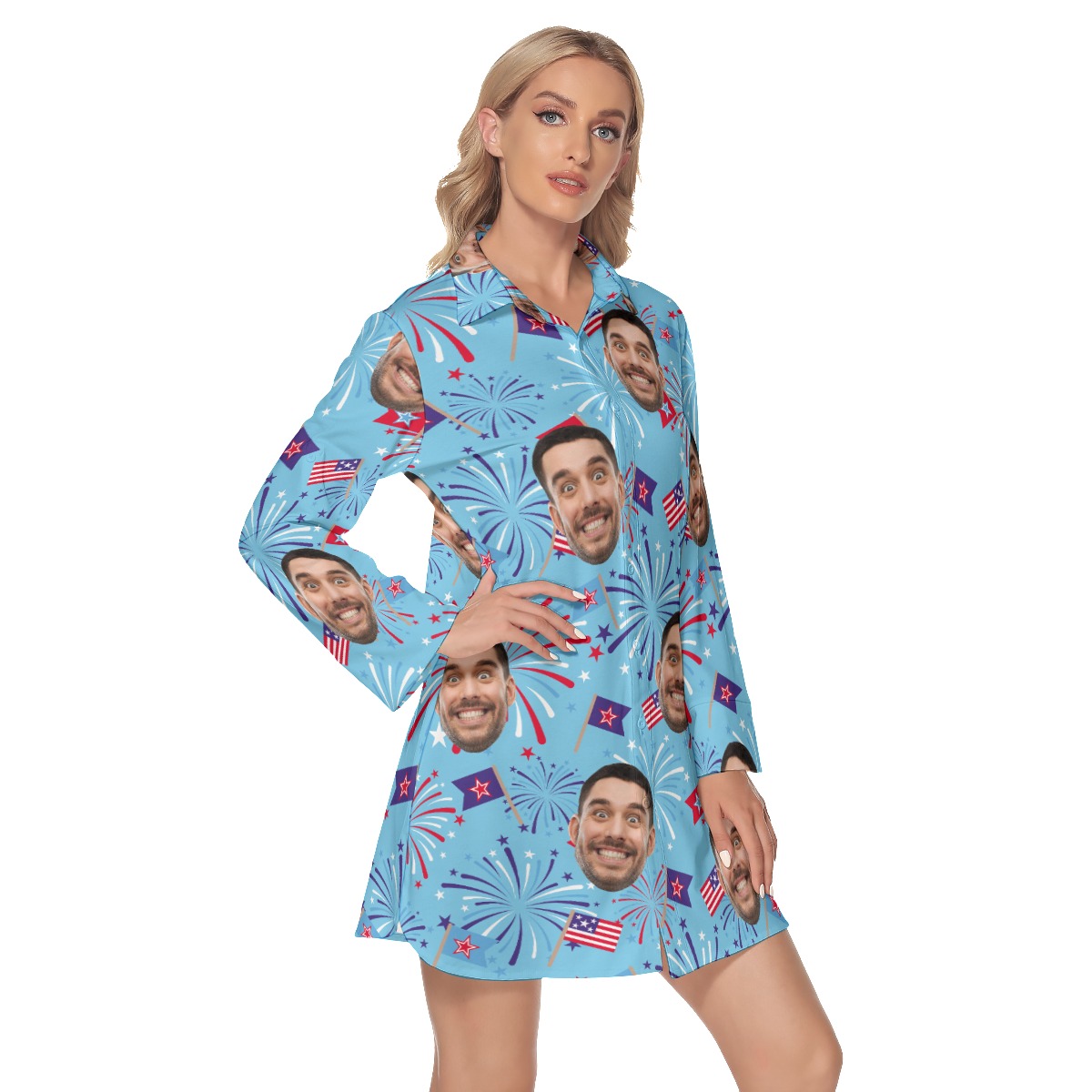 Custom Face Firework 4th Of July Hawaiian Shirt Dress