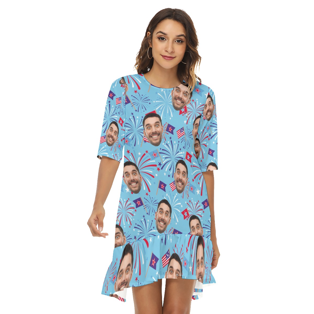 Funny Firework 4th Of July Custom Face Hawaiian Dress With Hem