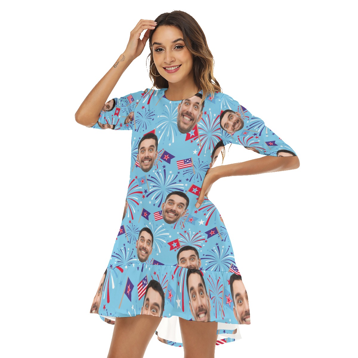 Funny Firework 4th Of July Custom Face Hawaiian Dress With Hem