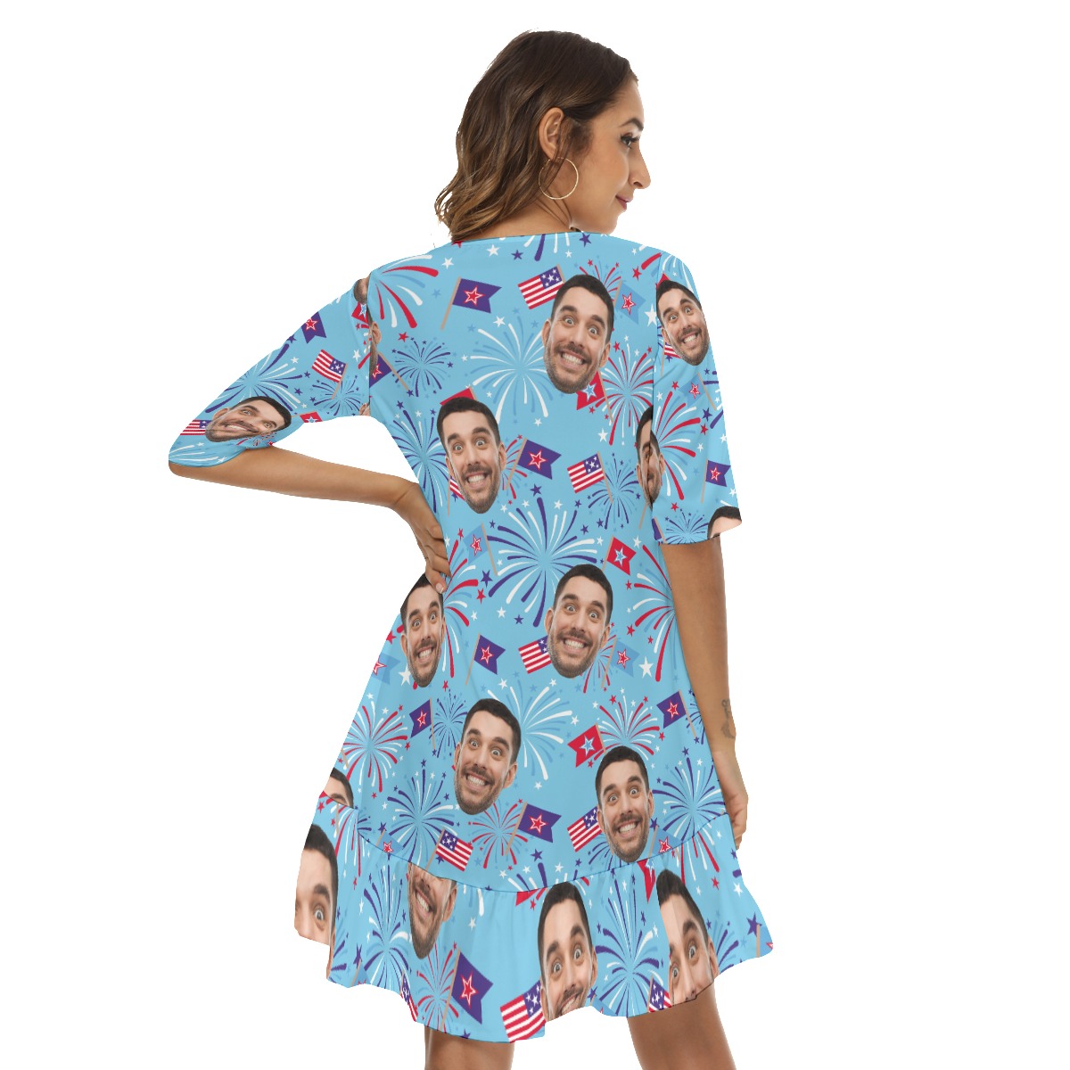 Funny Firework 4th Of July Custom Face Hawaiian Dress With Hem