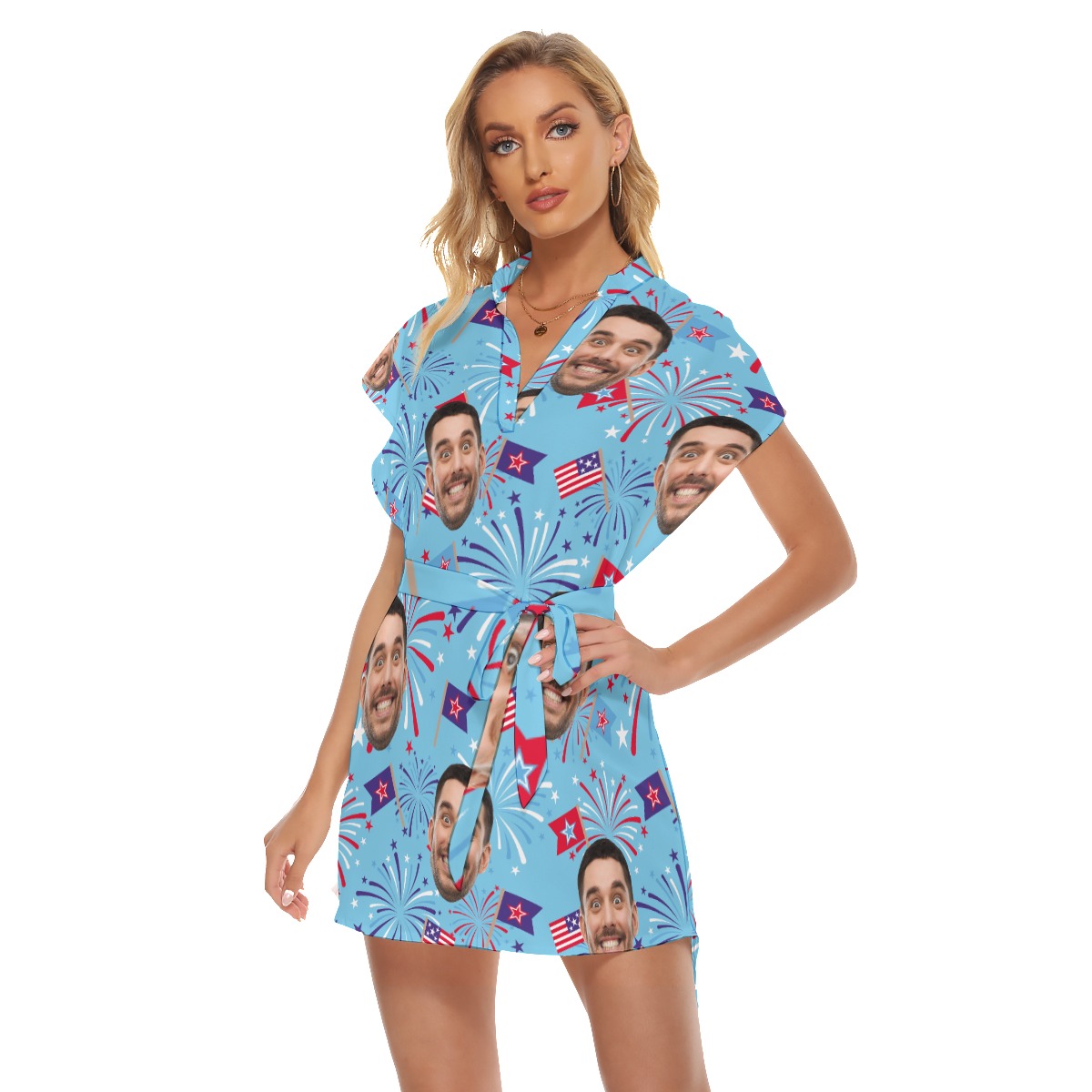 Custom Face Firework 4th Of July Hawaiian Dress With Belt