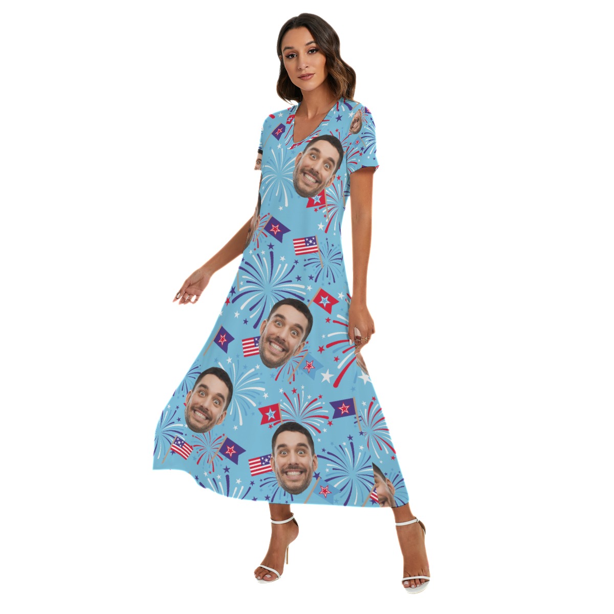 Funny Custom Face Firework Hawaiian Long Dress With Side Slit
