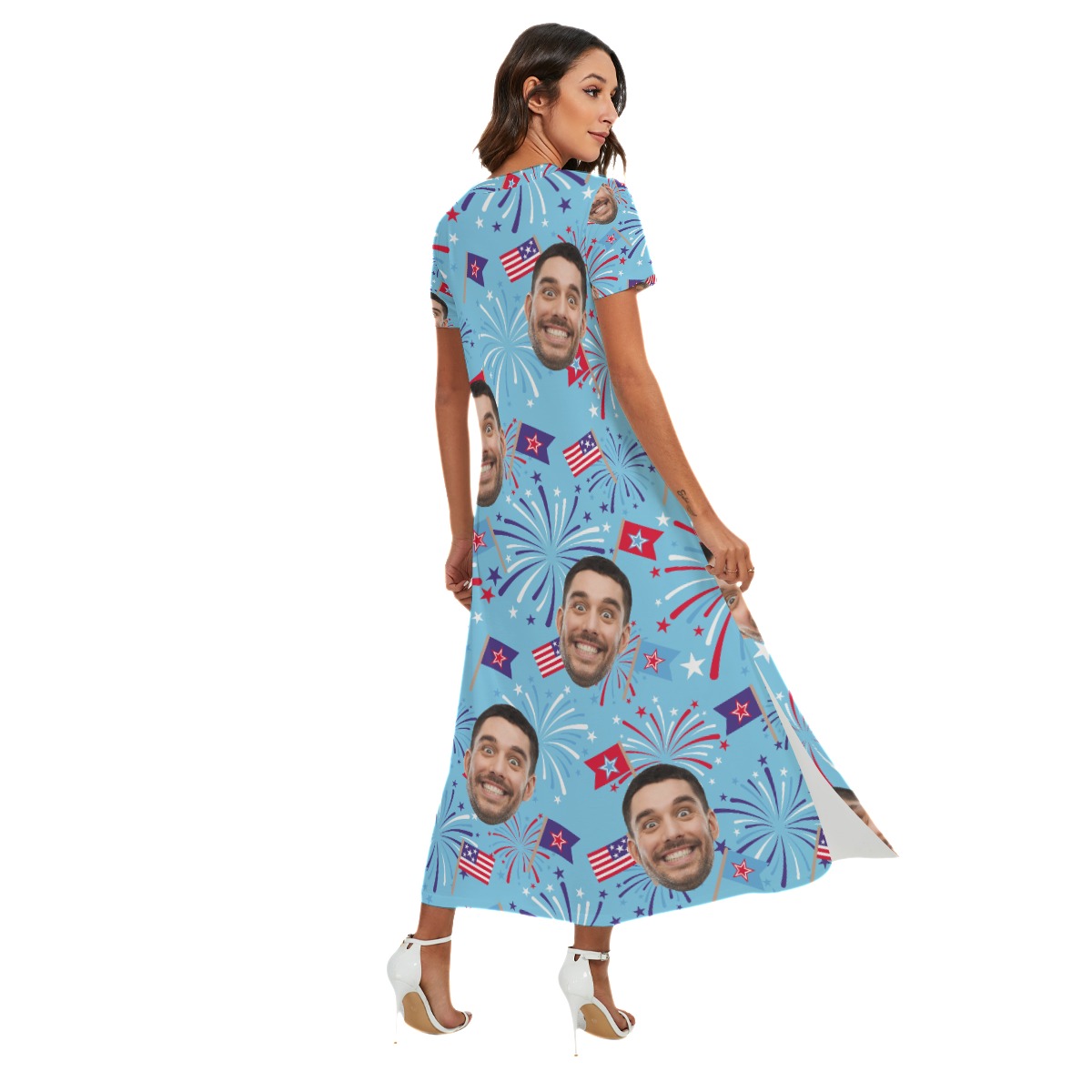 Funny Custom Face Firework Hawaiian Long Dress With Side Slit