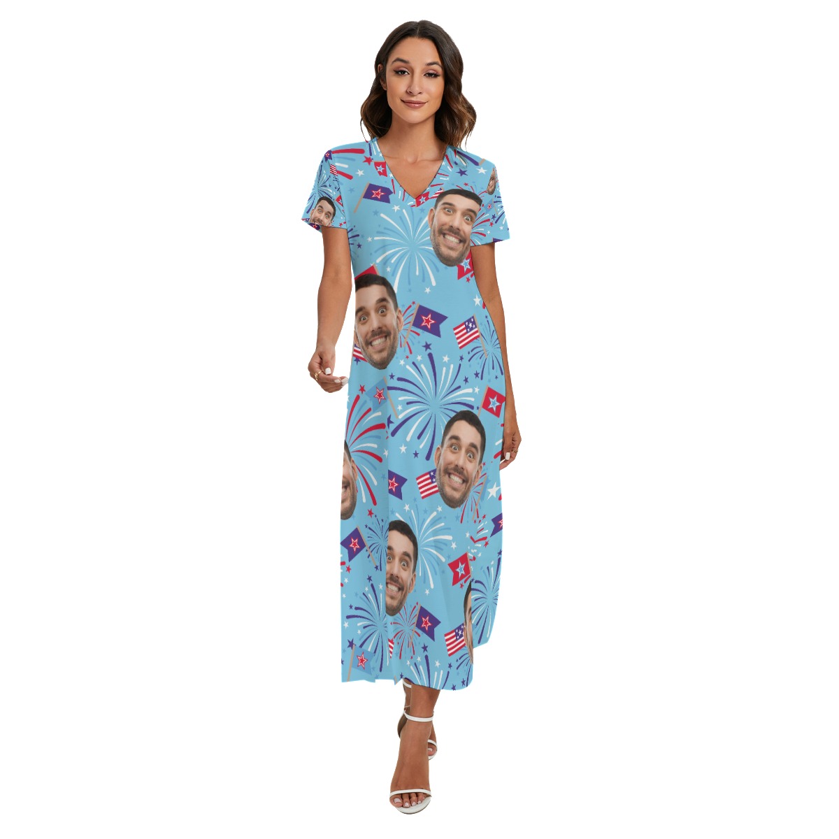 Funny Custom Face Firework Hawaiian Long Dress With Side Slit