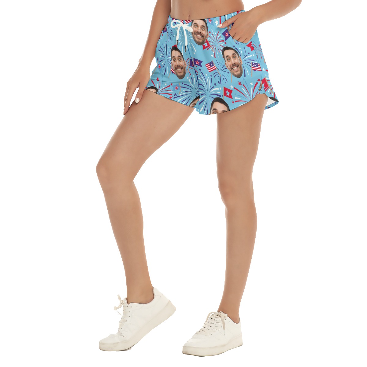 Firework 4th Of July Custom Face Hawaiian Beach Shorts For Women