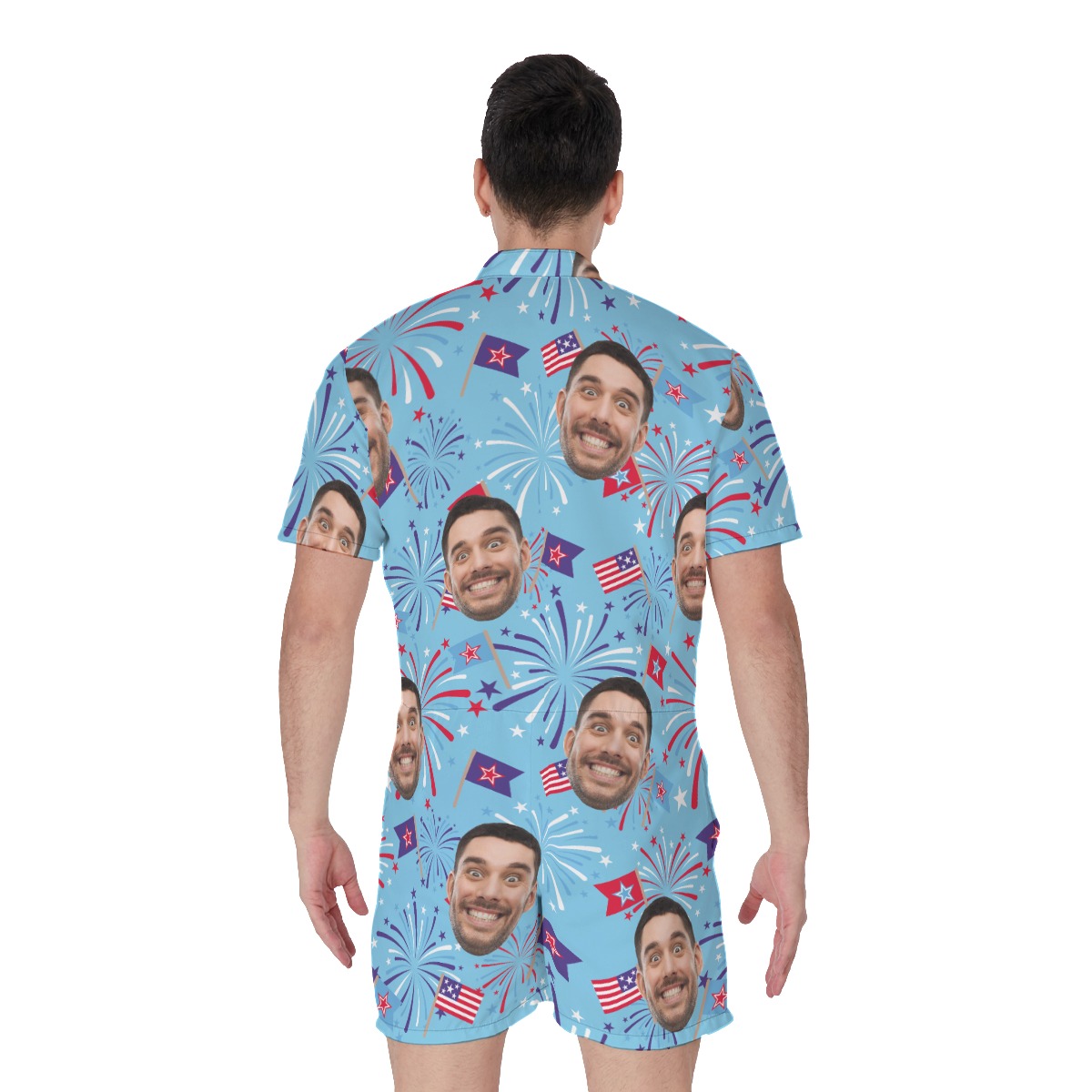 Funny Custom Face Firework Blue Men's Hawaiian Romper
