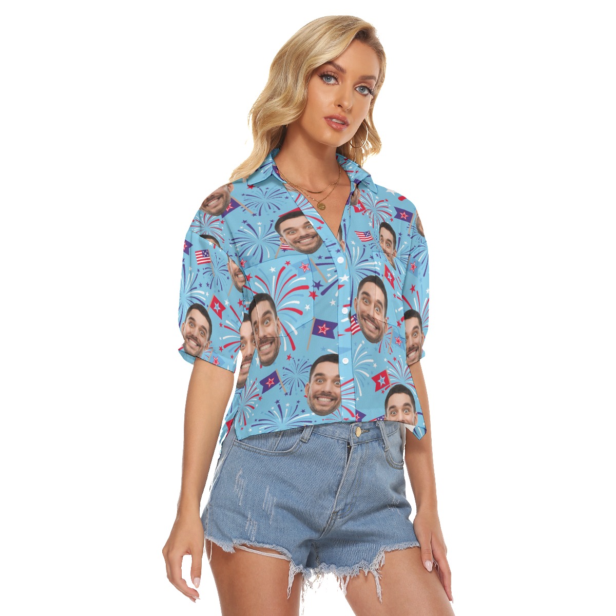 Custom Face Firework 4th Of July Hawaiian Cropped Shirt For Women