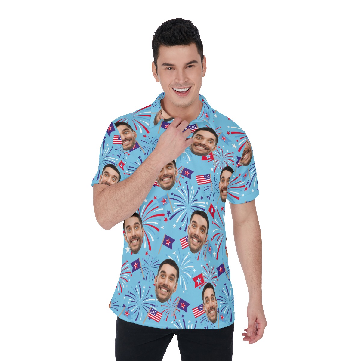 Firework 4th Of July Custom Face Hawaiian Polo Shirt For Men - variant image 1