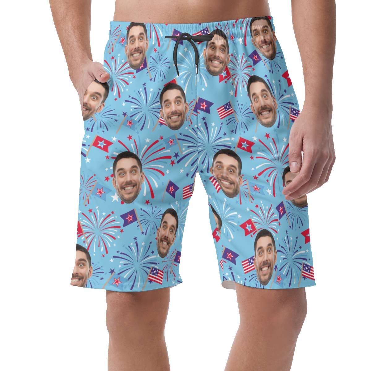 Firework Custom Face Blue Hawaiian Beach Shorts For Men - variant image 1