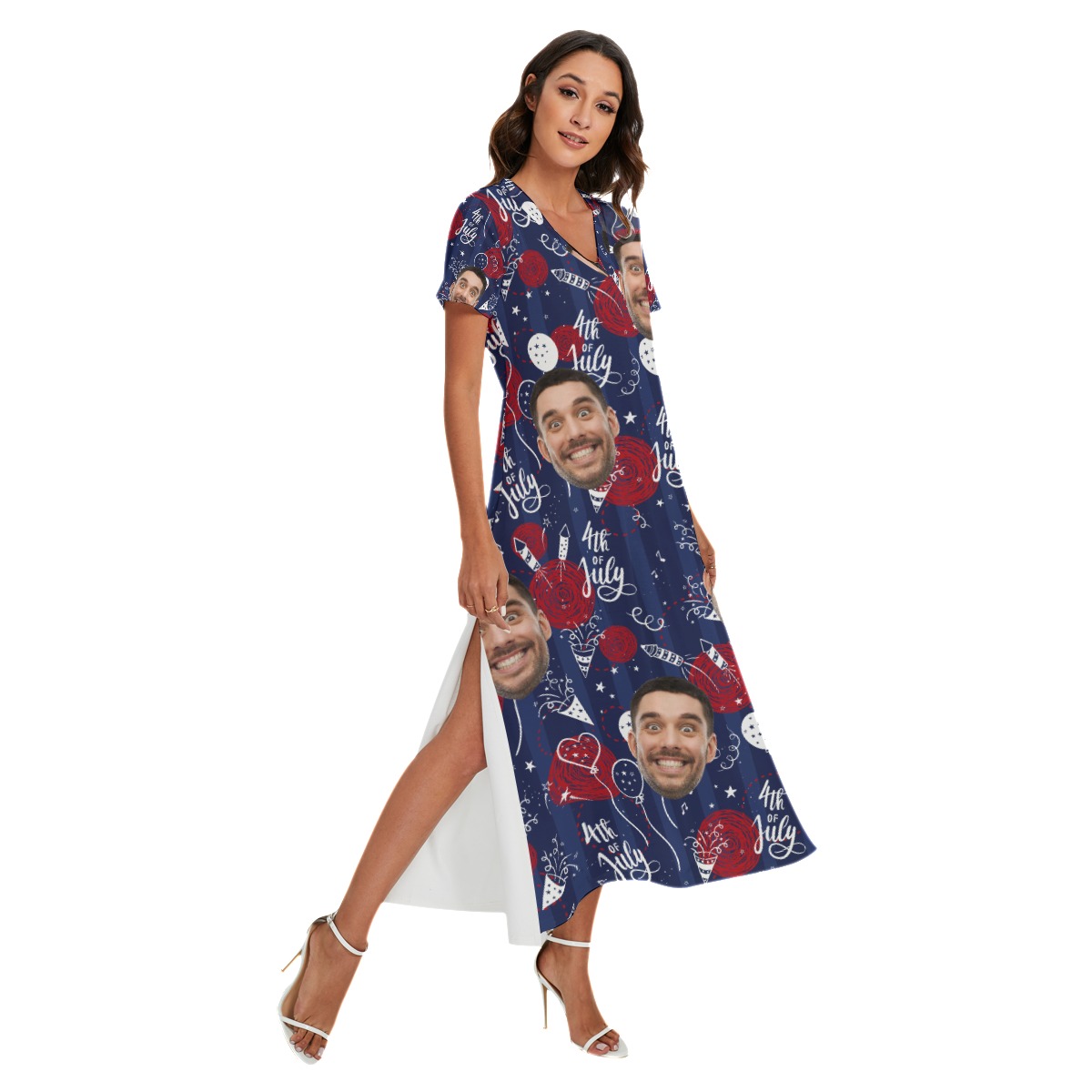 Funny 4th Of July Custom Face Hawaiian Long Dress With Side Slit - variant image 1