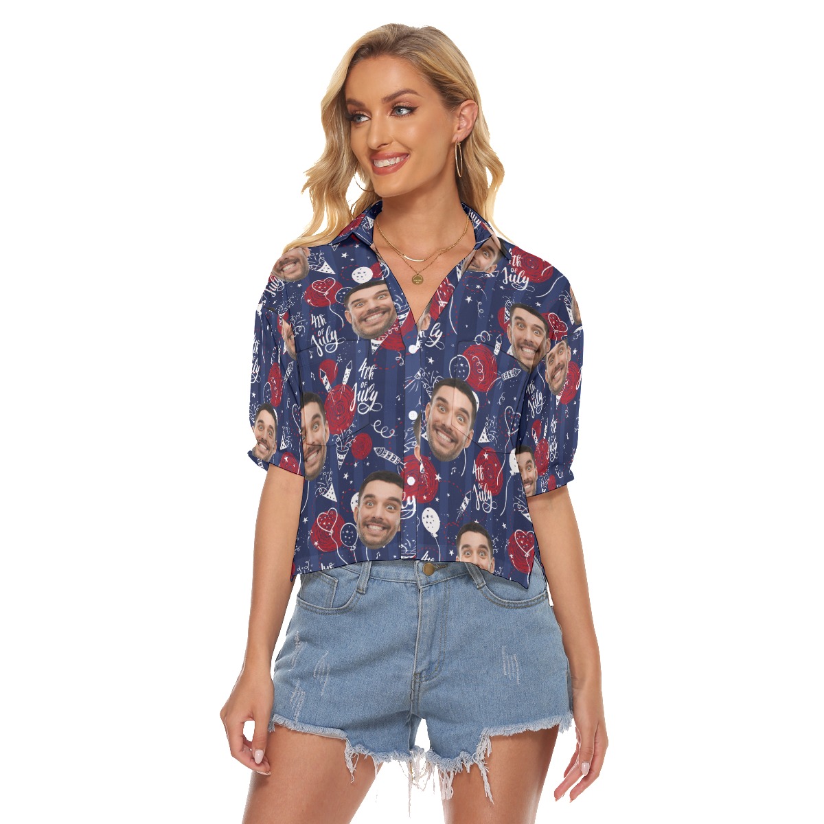 4th Of July Custom Face Hawaiian Crop Top Shirt For Women - variant image 1