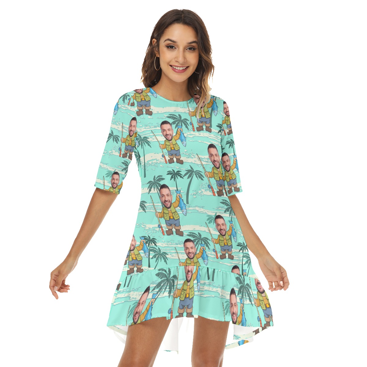 Funny Fishing Custom Face Hawaiian Half Sleeve Dress With Ruffle Hem - variant image 1