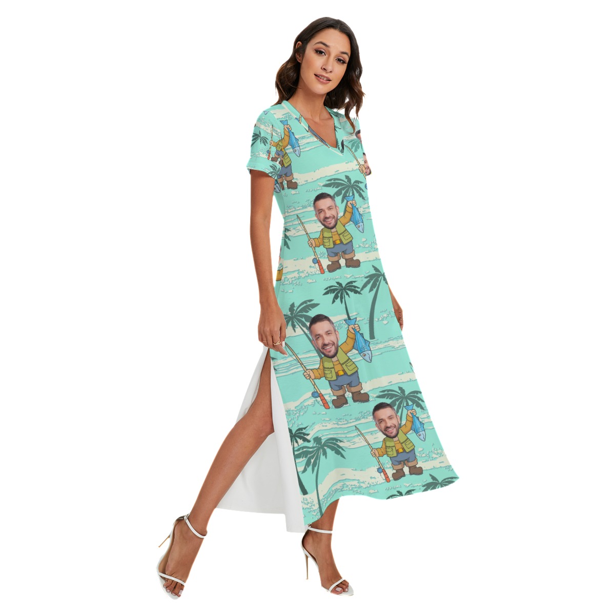 Funny Fishing Man Custom Face Hawaiian V-neck Dress With Side Slit - variant image 1