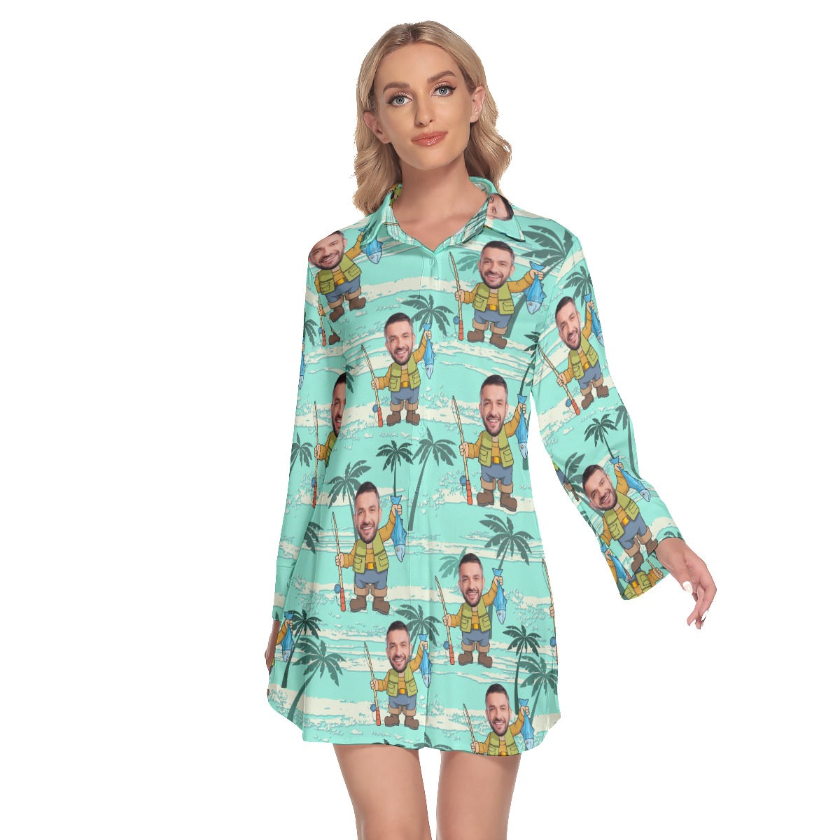Custom Face Fishing Men Hawaiian Shirt Dress With Long Sleeve For Women - variant image 1