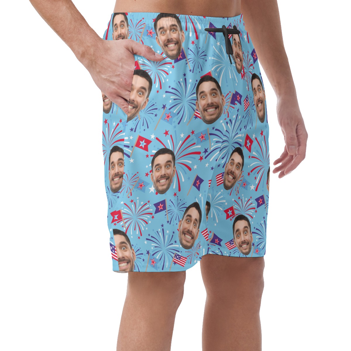 Firework Custom Face Blue Hawaiian Beach Shorts For Men