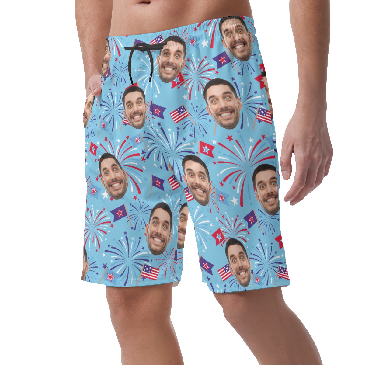 Firework Custom Face Blue Hawaiian Beach Shorts For Men