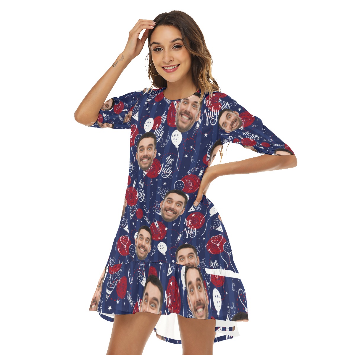 Funny 4th Of July Custom Face Hawaiian Half Sleeve Dress