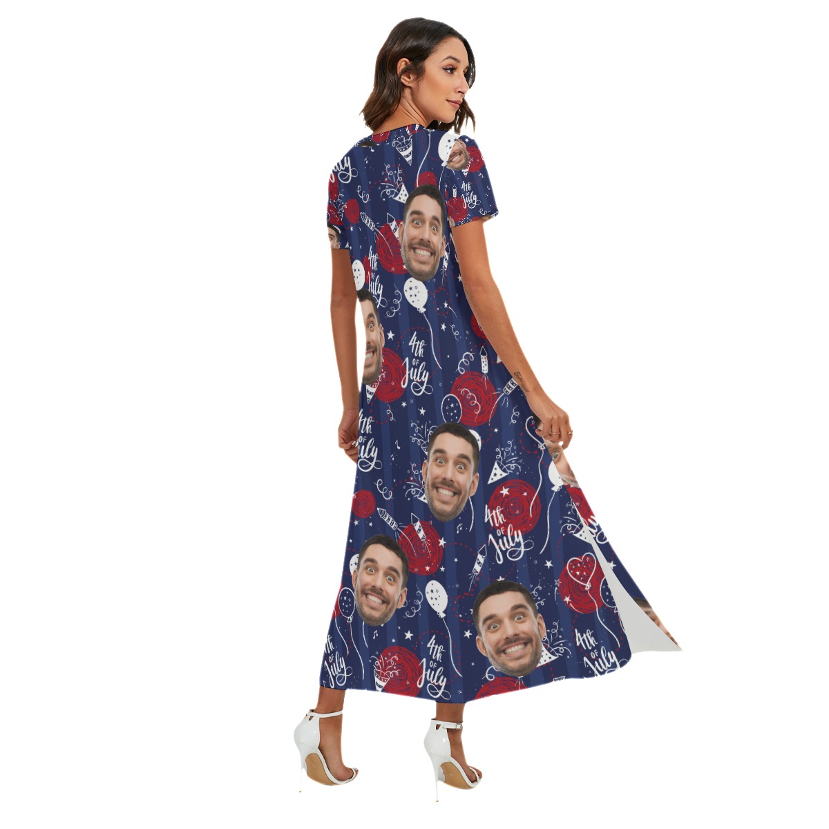 Funny 4th Of July Custom Face Hawaiian Long Dress With Side Slit
