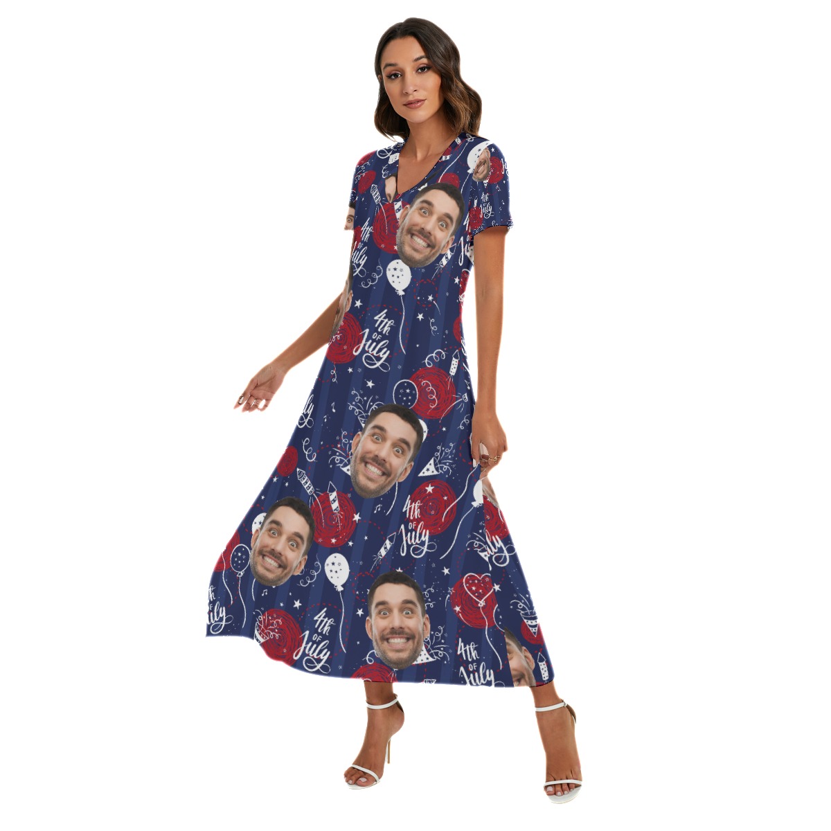 Funny 4th Of July Custom Face Hawaiian Long Dress With Side Slit