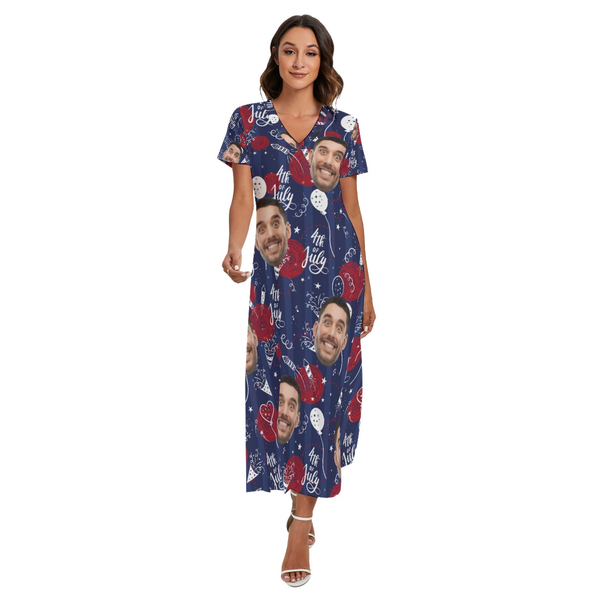 Funny 4th Of July Custom Face Hawaiian Long Dress With Side Slit