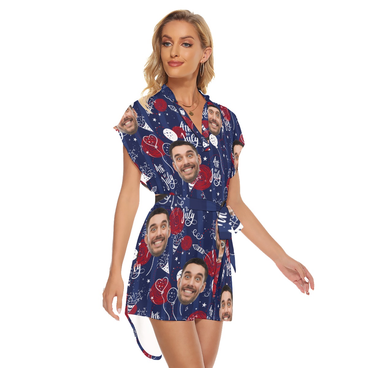 Funny Custom Face 4th Of July Hawaiian Dress With Belt For Women