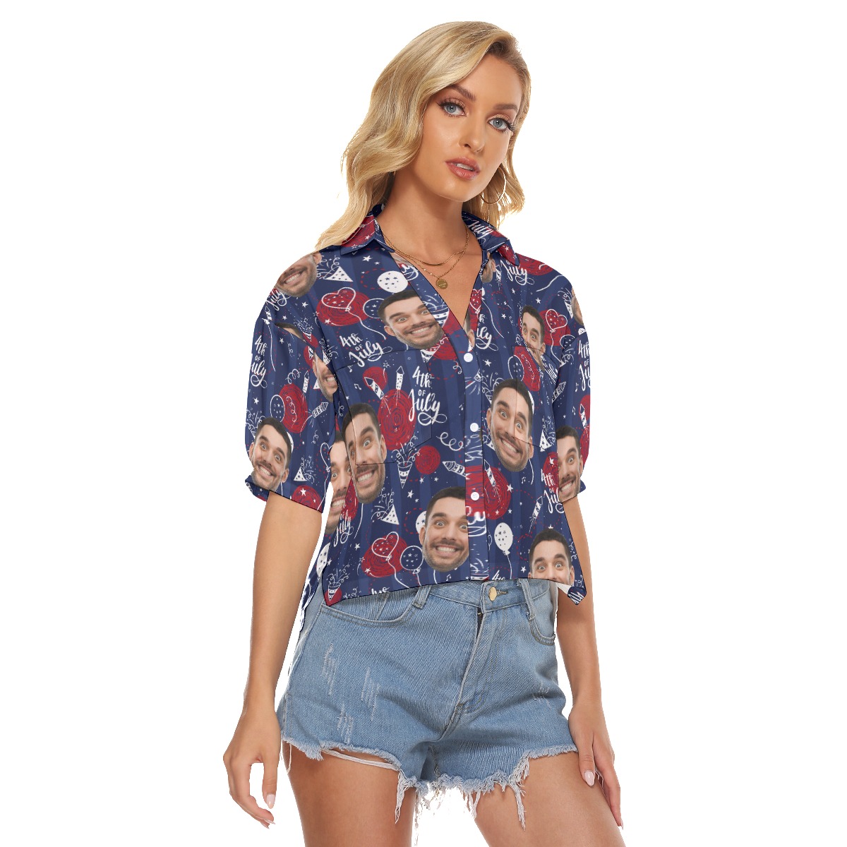 4th Of July Custom Face Hawaiian Crop Top Shirt For Women