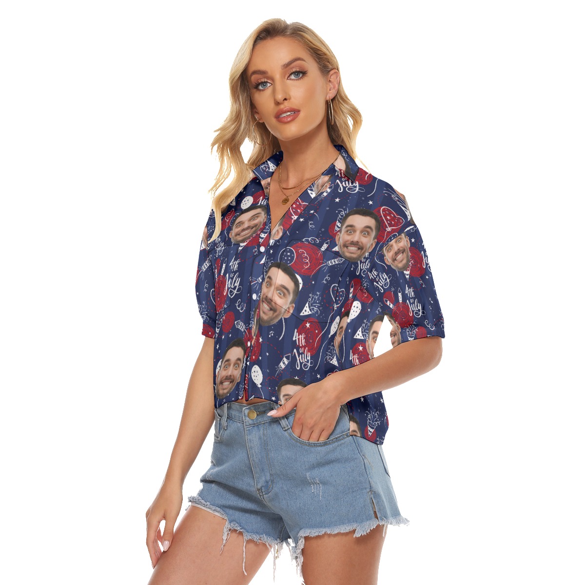 4th Of July Custom Face Hawaiian Crop Top Shirt For Women