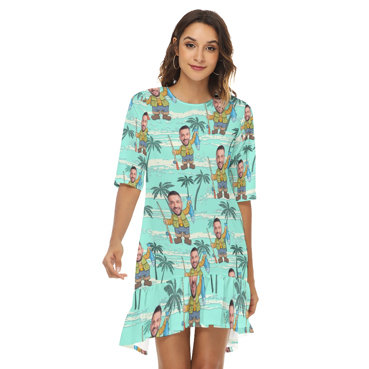 Funny Fishing Custom Face Hawaiian Half Sleeve Dress With Ruffle Hem