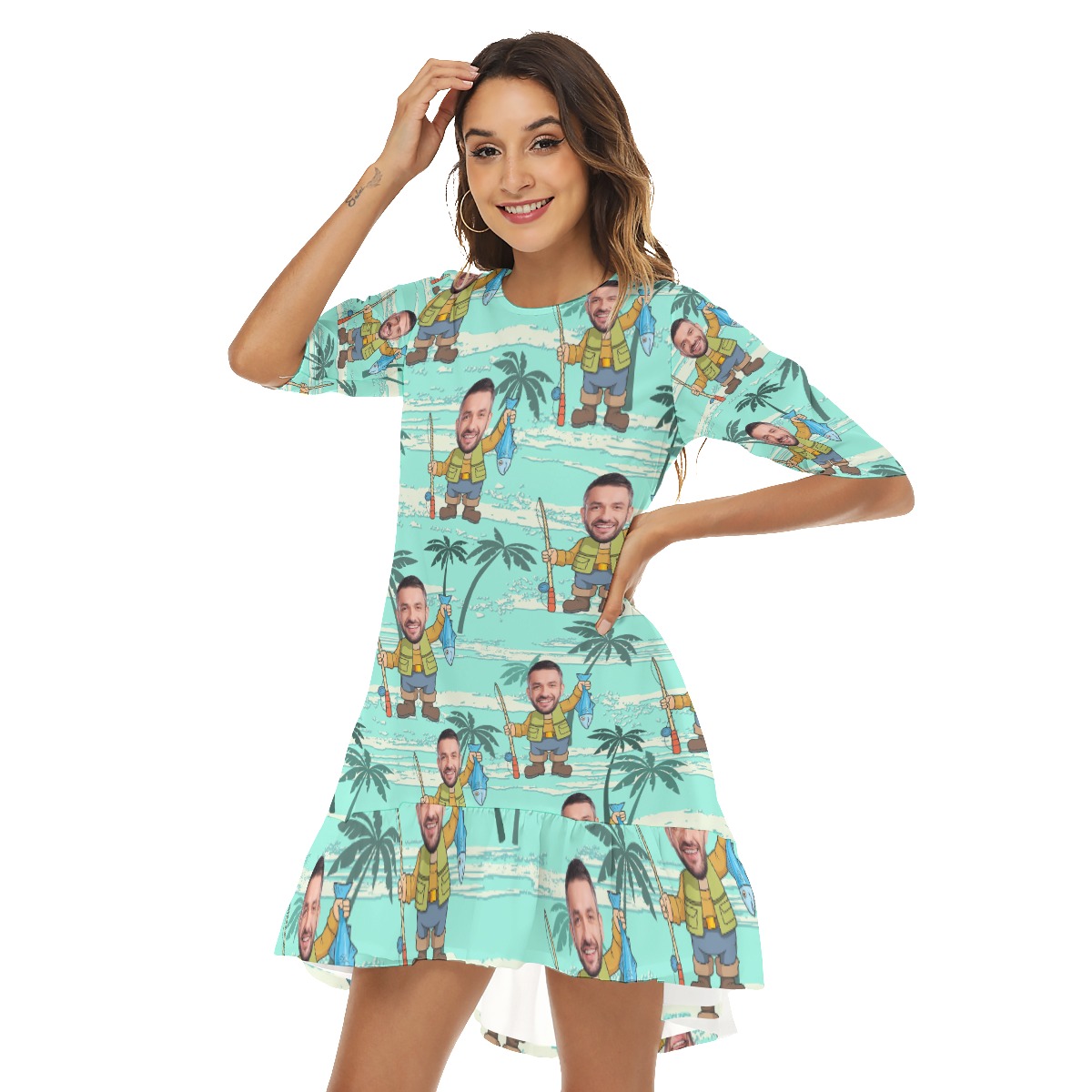 Funny Fishing Custom Face Hawaiian Half Sleeve Dress With Ruffle Hem
