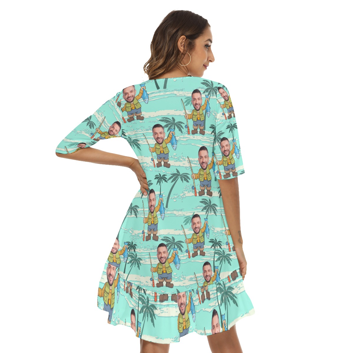 Funny Fishing Custom Face Hawaiian Half Sleeve Dress With Ruffle Hem