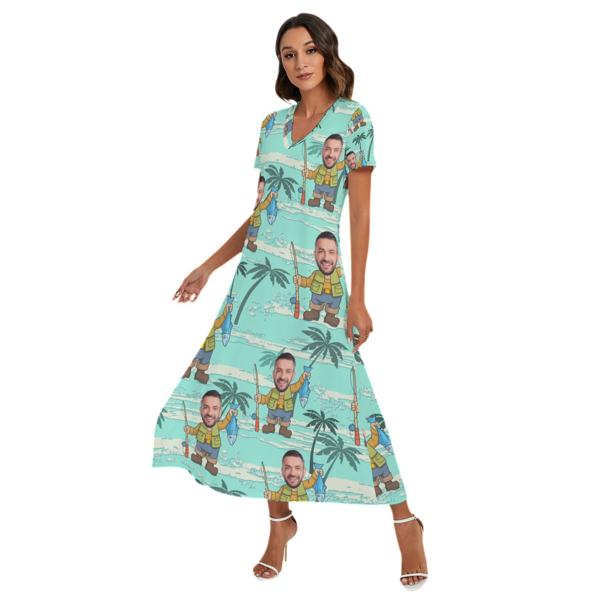 Funny Fishing Man Custom Face Hawaiian V-neck Dress With Side Slit