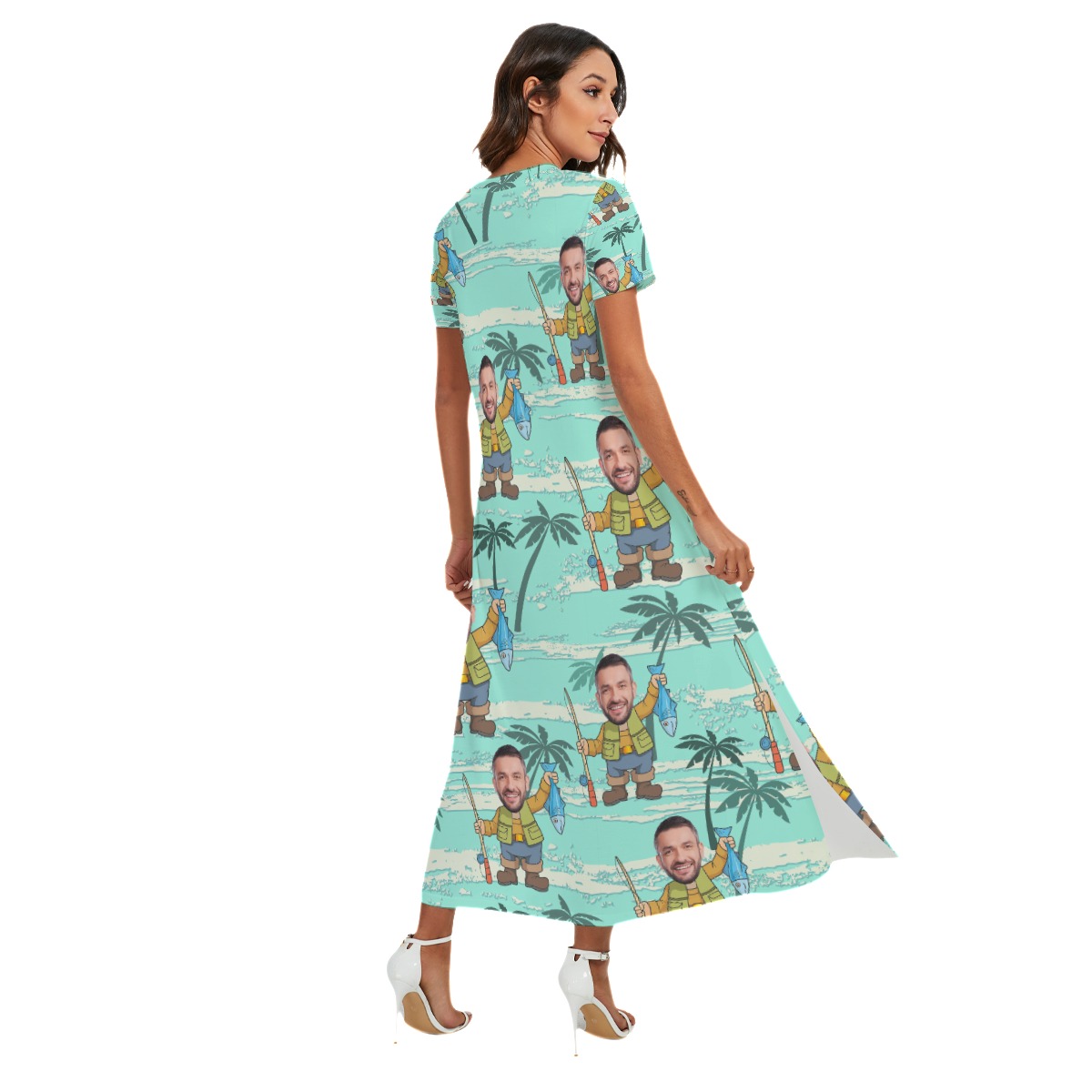 Funny Fishing Man Custom Face Hawaiian V-neck Dress With Side Slit