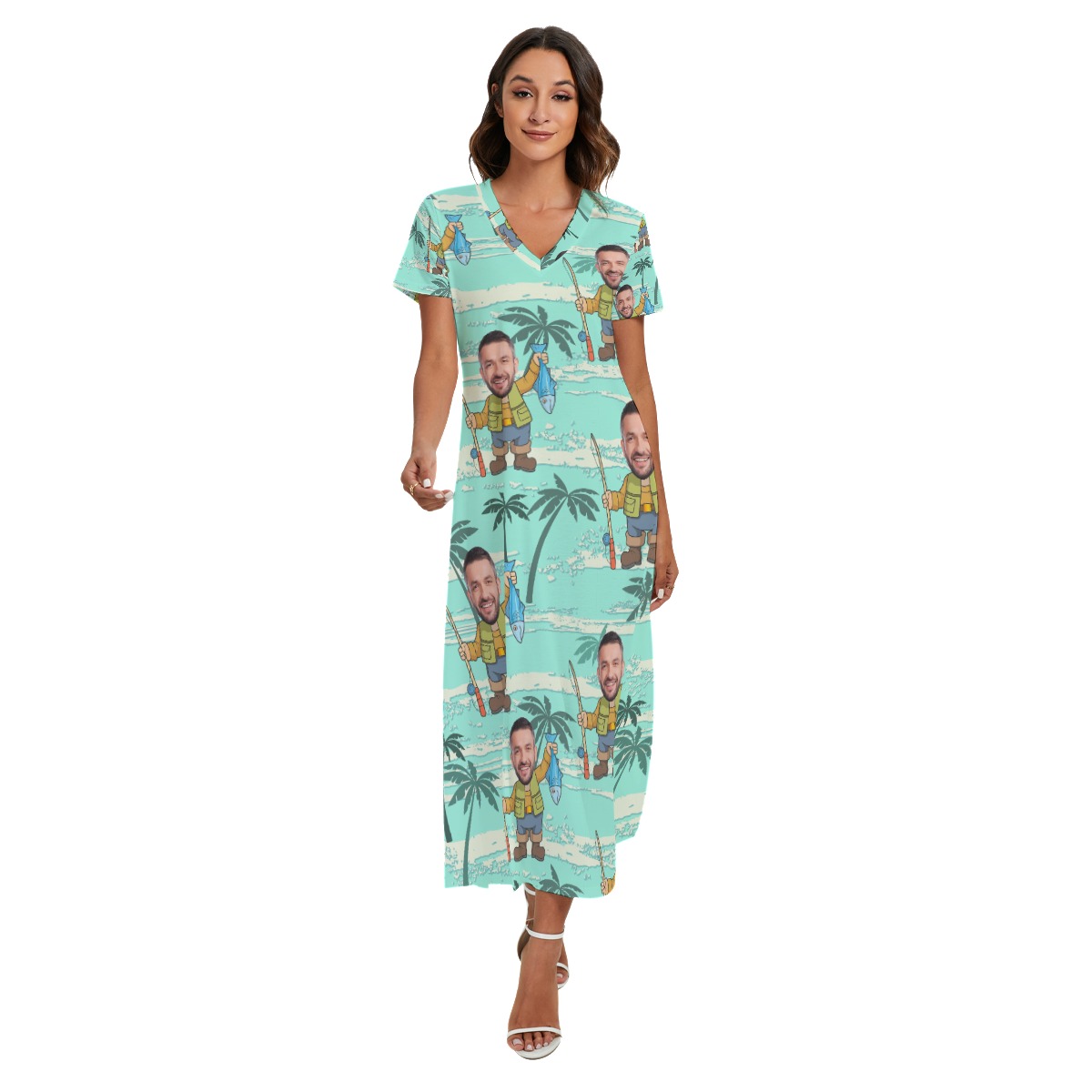 Funny Fishing Man Custom Face Hawaiian V-neck Dress With Side Slit