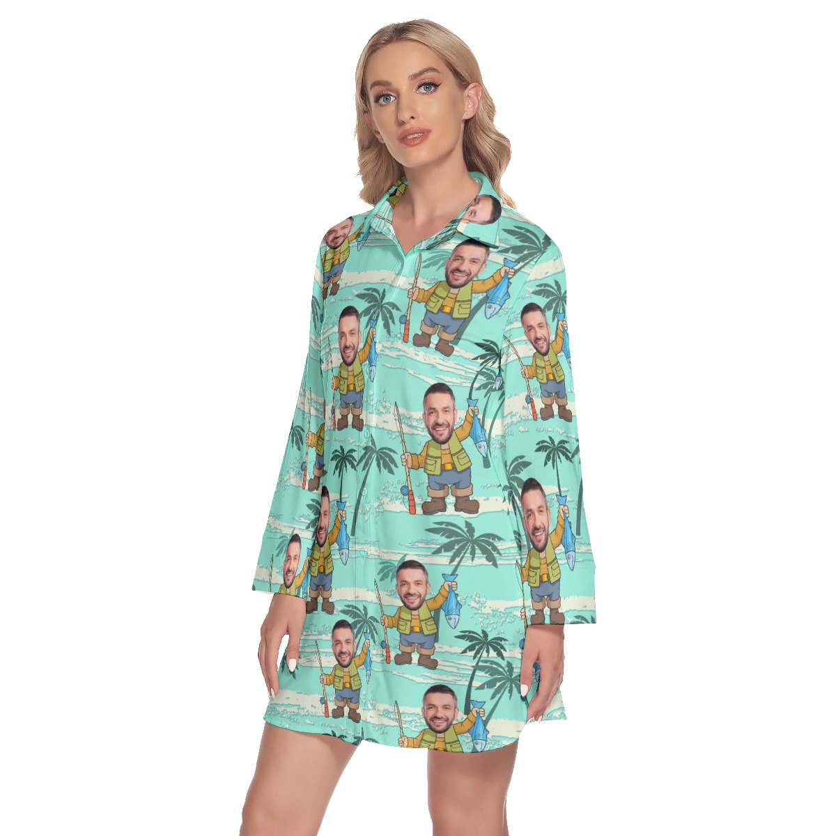 Custom Face Fishing Men Hawaiian Shirt Dress With Long Sleeve For Women
