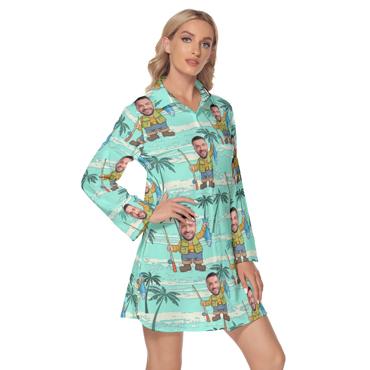 Custom Face Fishing Men Hawaiian Shirt Dress With Long Sleeve For Women
