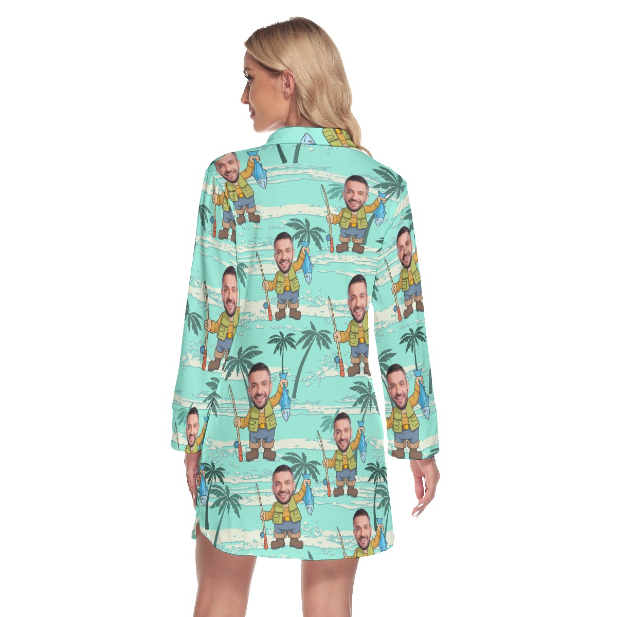 Custom Face Fishing Men Hawaiian Shirt Dress With Long Sleeve For Women