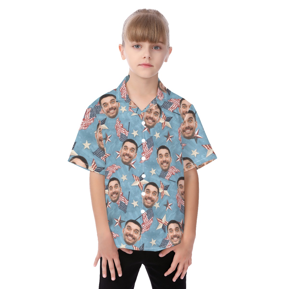 Cute American Flag Kids' Hawaiian Shirt With Custom Face - variant image 1