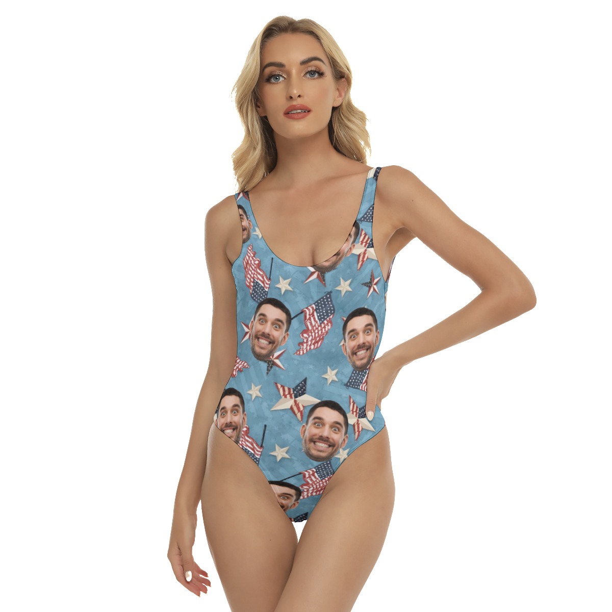 Custom Face With American Flag Blue Hawaiian Swimsuit For Summer - variant image 1