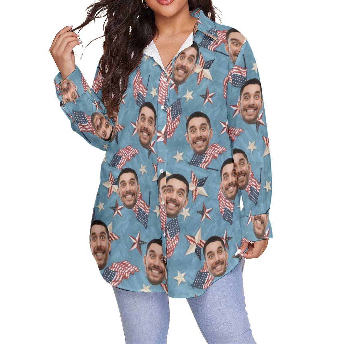 Funny Custom Face American Flag Hawaiian Plus Size Shirt For Women - variant image 1