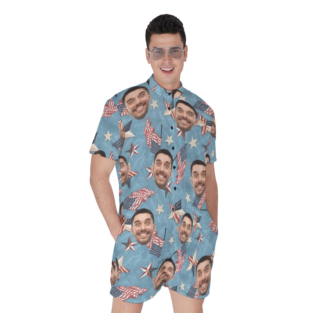 Funny Custom Face American Flag Men's Hawaiian Romper - variant image 1