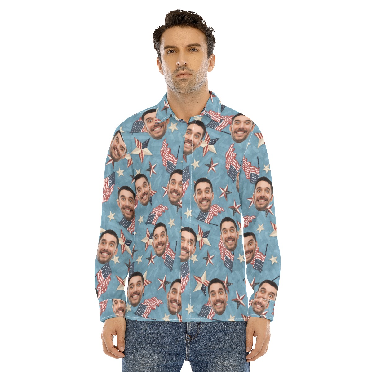 Funny Custom Face American Flag Hawaiian Long Sleeve Shirt For Men - variant image 1