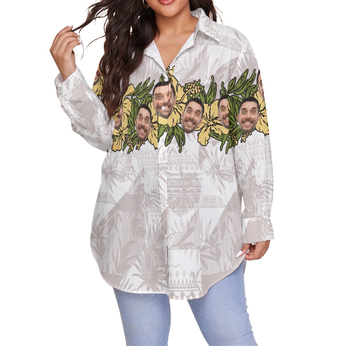 Funny Custom Face Hibicus Vintage Hawaiian Plus Size Shirt For Women - variant image 1
